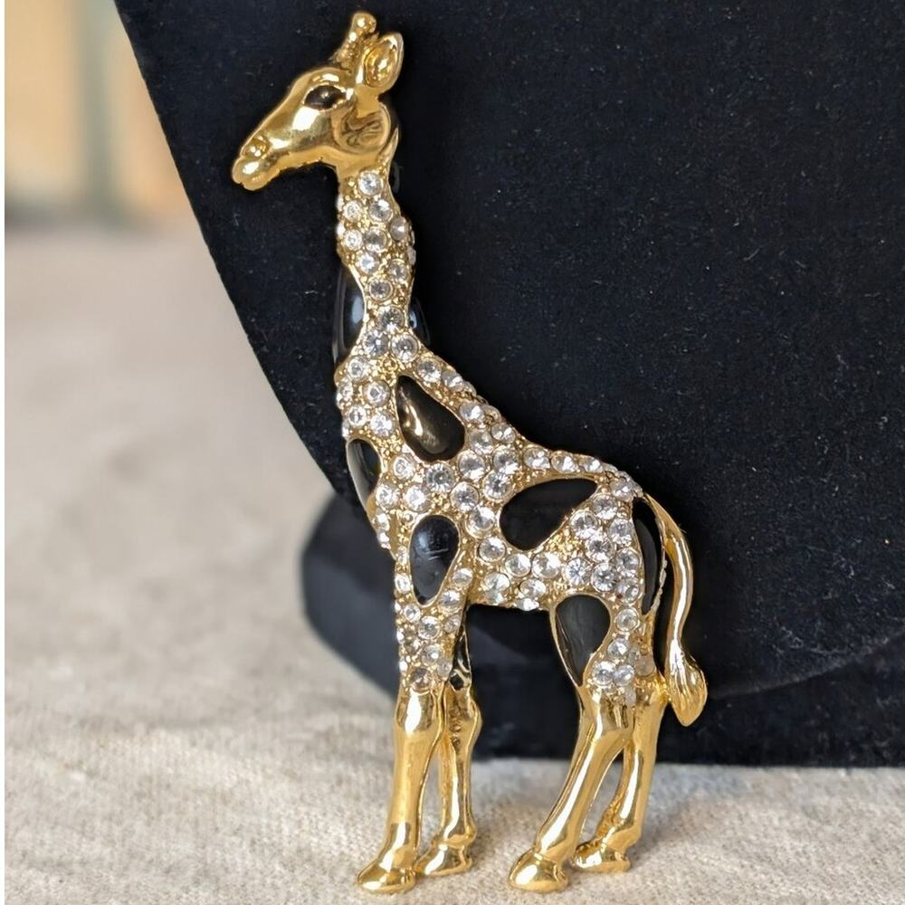 Vintage Giraffe Rhinestone Brooch Gold Tone Black Enamel Safari Glam